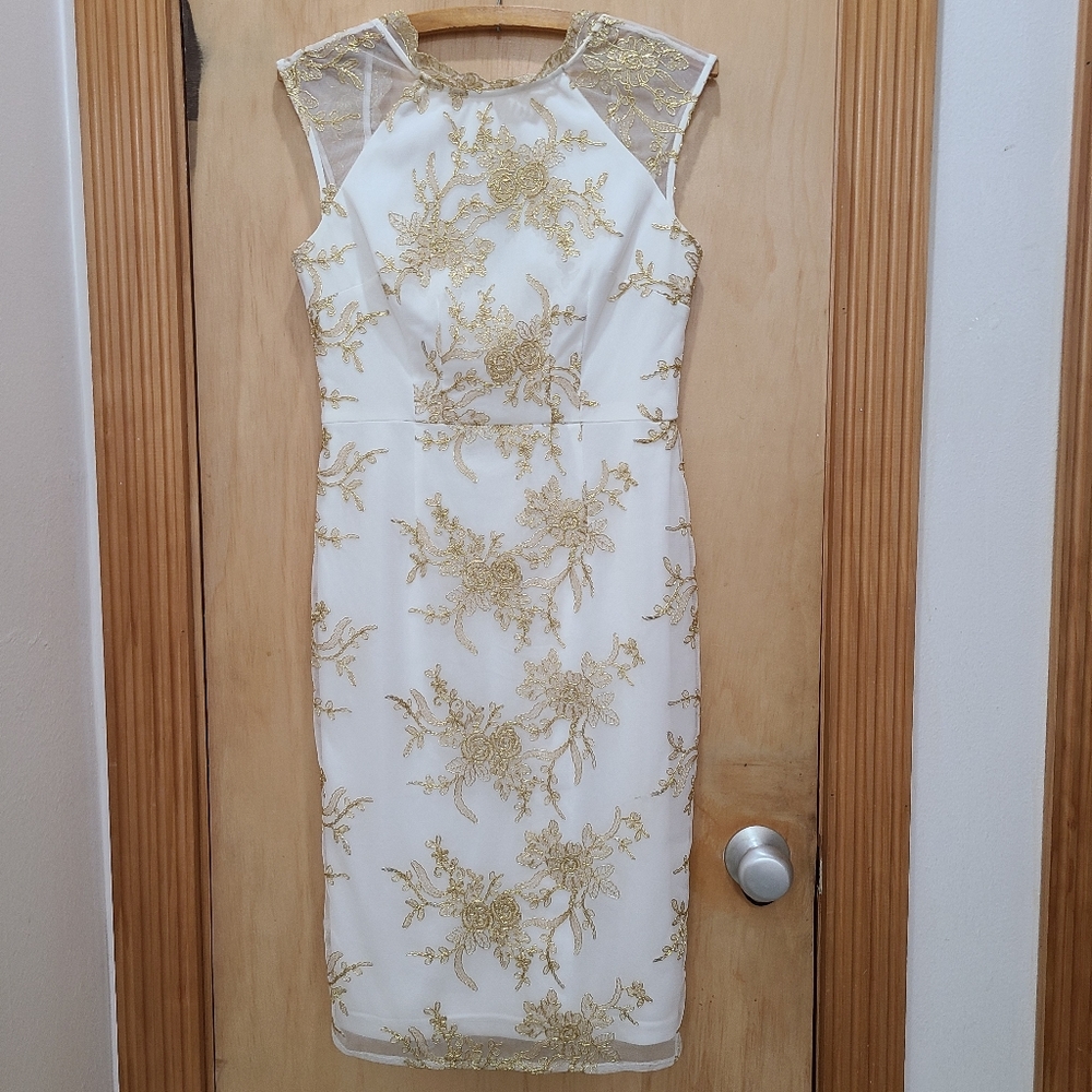 Formal white and gold dress white gold embroidered sheath dress Size 2